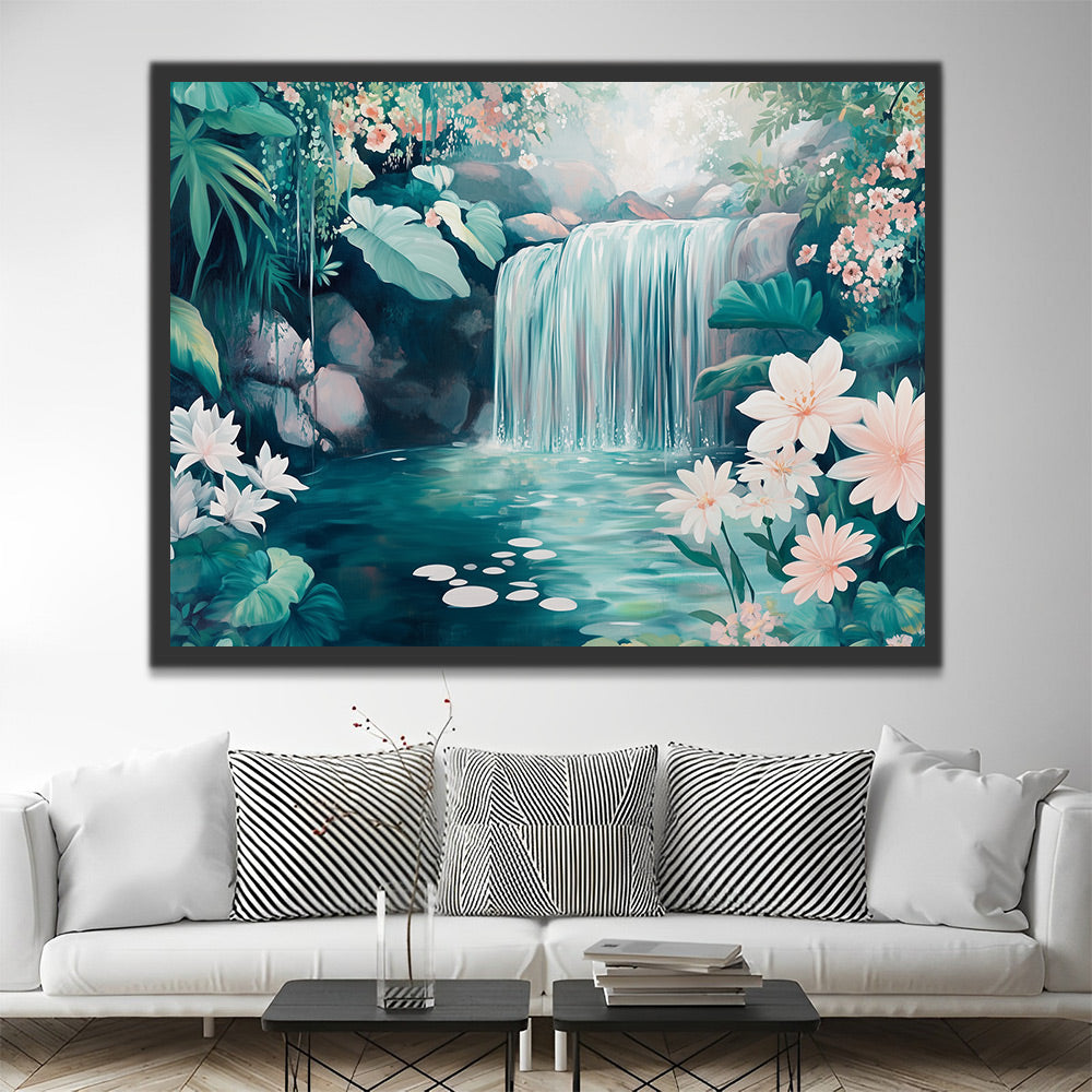 Cascada Pequeña Rodeada de Plantas Florales Pintar por Números