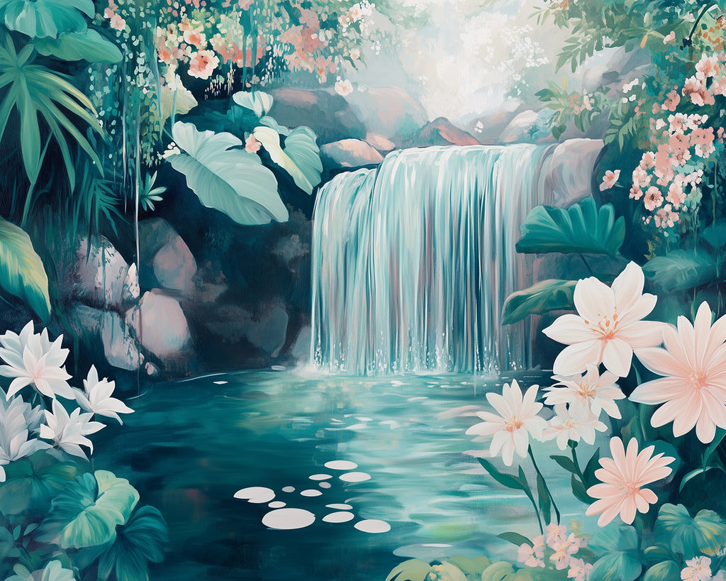 Cascada Pequeña Rodeada de Plantas Florales Pintar por Números