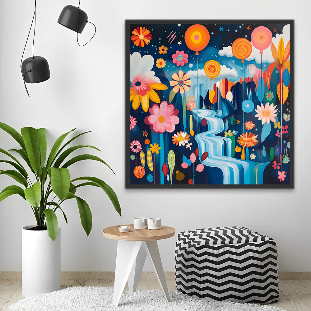 Cascada Rodeada de Flores y Globos Pintar por Números