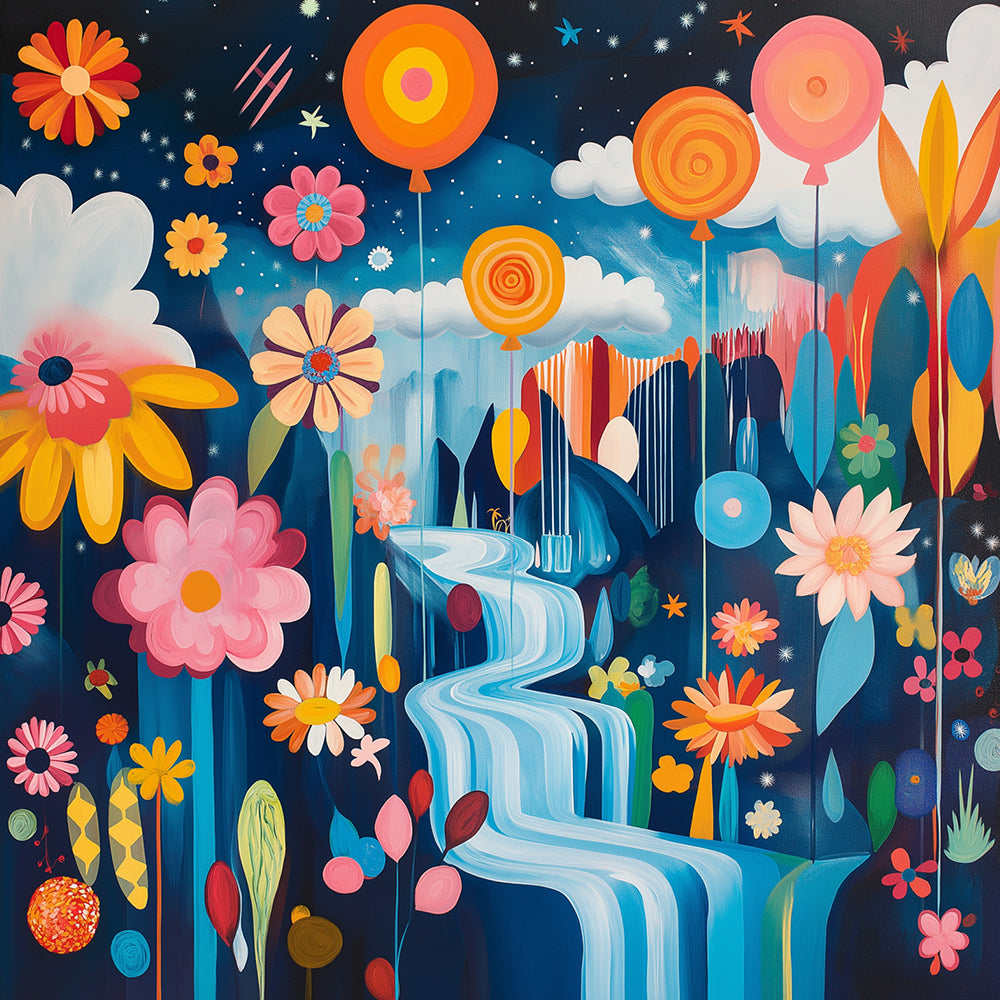Cascada Rodeada de Flores y Globos Pintar por Números
