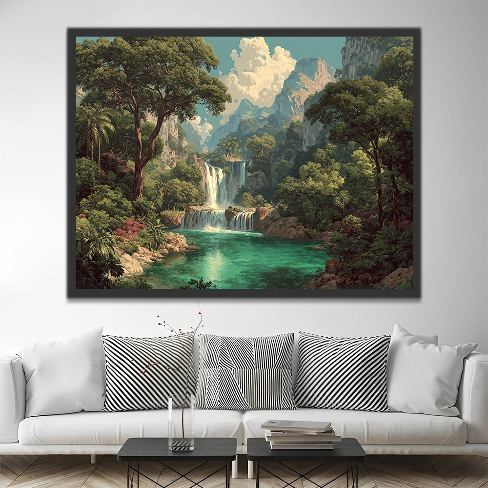 Cascada y Árboles Verdes en Montañas Pintar por Números