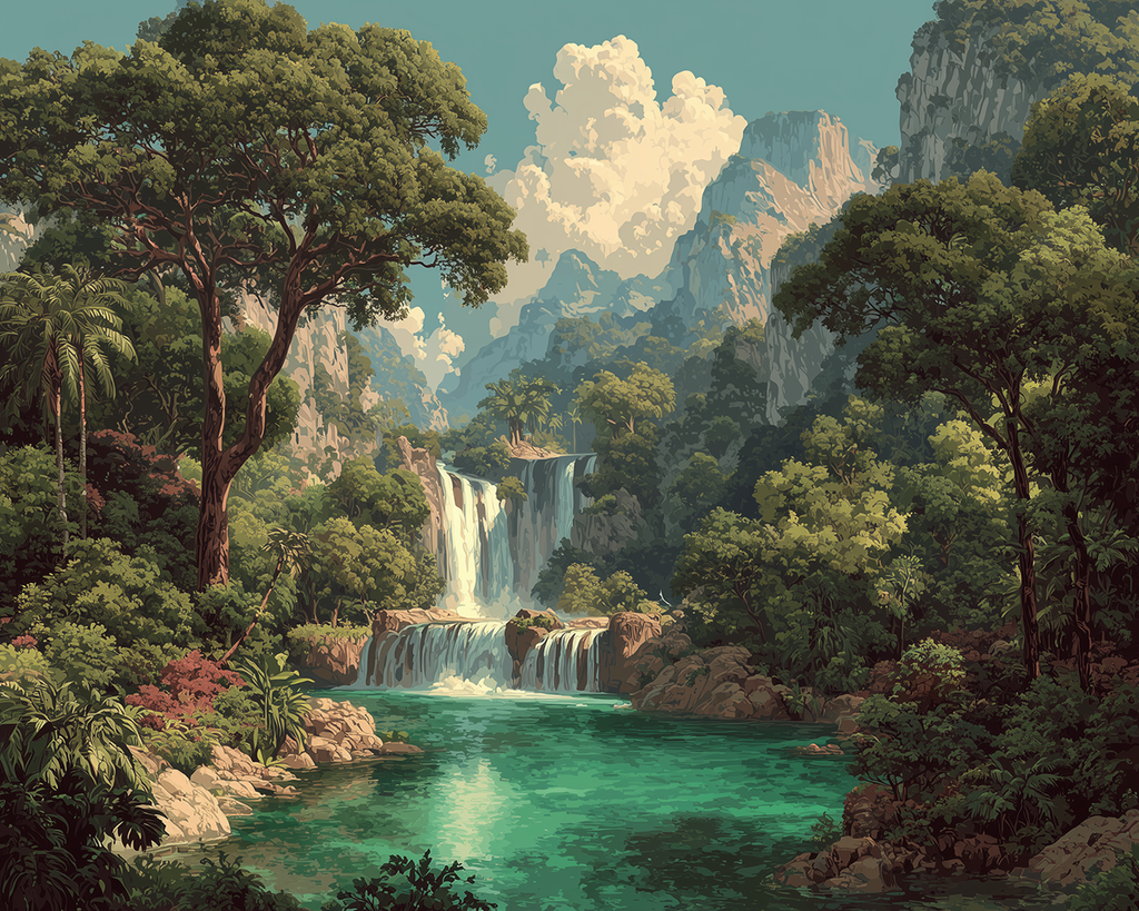 Cascada y Árboles Verdes en Montañas Pintar por Números