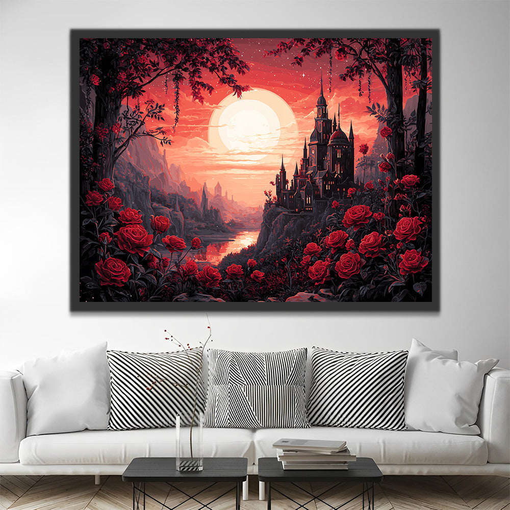Castillo Lleno de Rosas Rojas en Montaña Pintar por Números