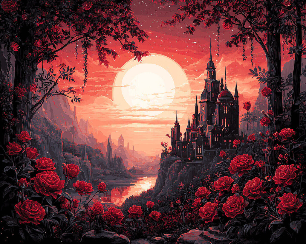 Castillo Lleno de Rosas Rojas en Montaña Pintar por Números
