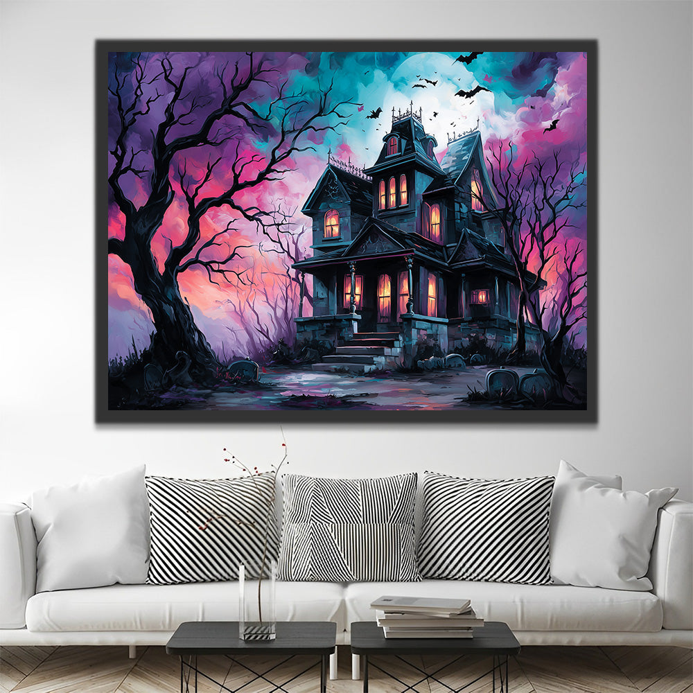 Castillo Oscuro Rodeado de Árboles Muertos y Murciélagos Pintar por Números