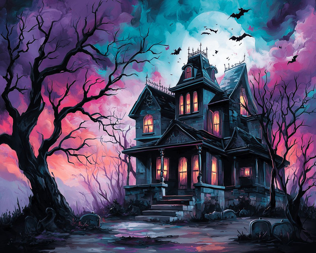 Castillo Oscuro Rodeado de Árboles Muertos y Murciélagos Pintar por Números