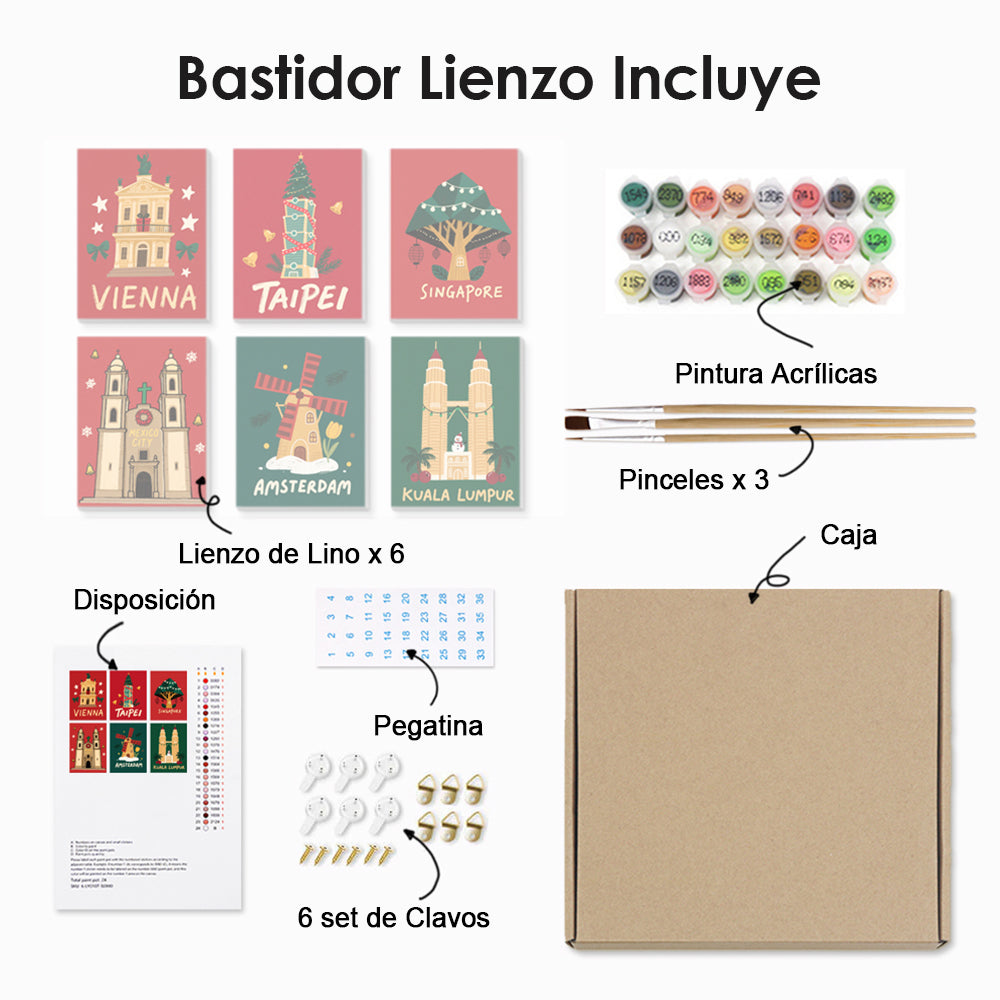 Celebración de Navidad en Lugares Conocidos Mundiales 6 Partes Mini Pintar por Números