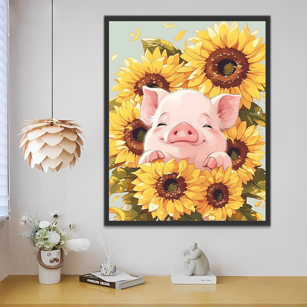 Cerdo Lindo Rosado en Medio de Girasoles Pintar por Números