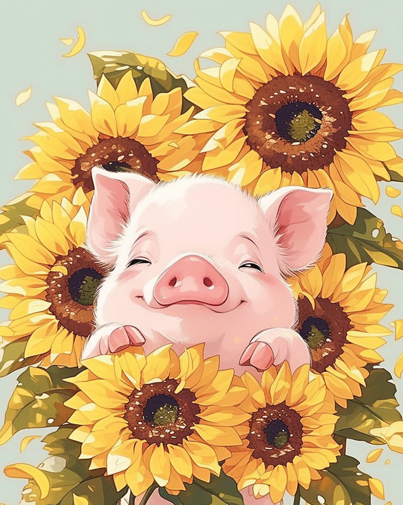 Cerdo Lindo Rosado en Medio de Girasoles Pintar por Números