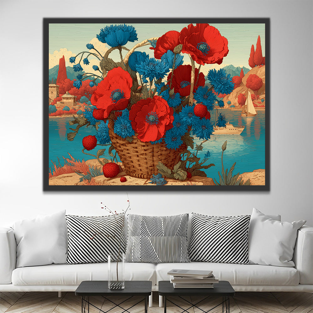 Cesta de Crisantemos Azules y Amapolas Rojas Junto al Lago Pintar por Números