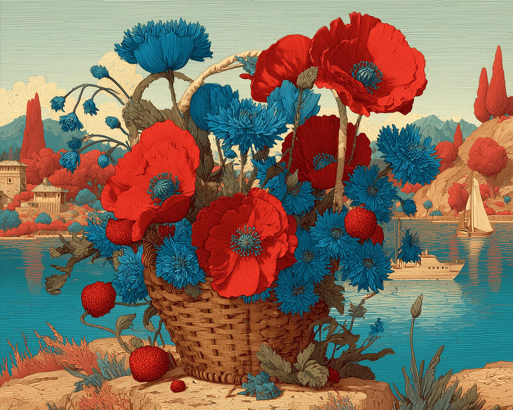 Cesta de Crisantemos Azules y Amapolas Rojas Junto al Lago Pintar por Números