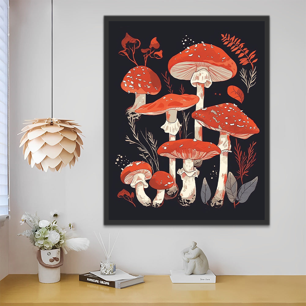 Champiñones Rojos en el Fondo Negro Pintar por Números