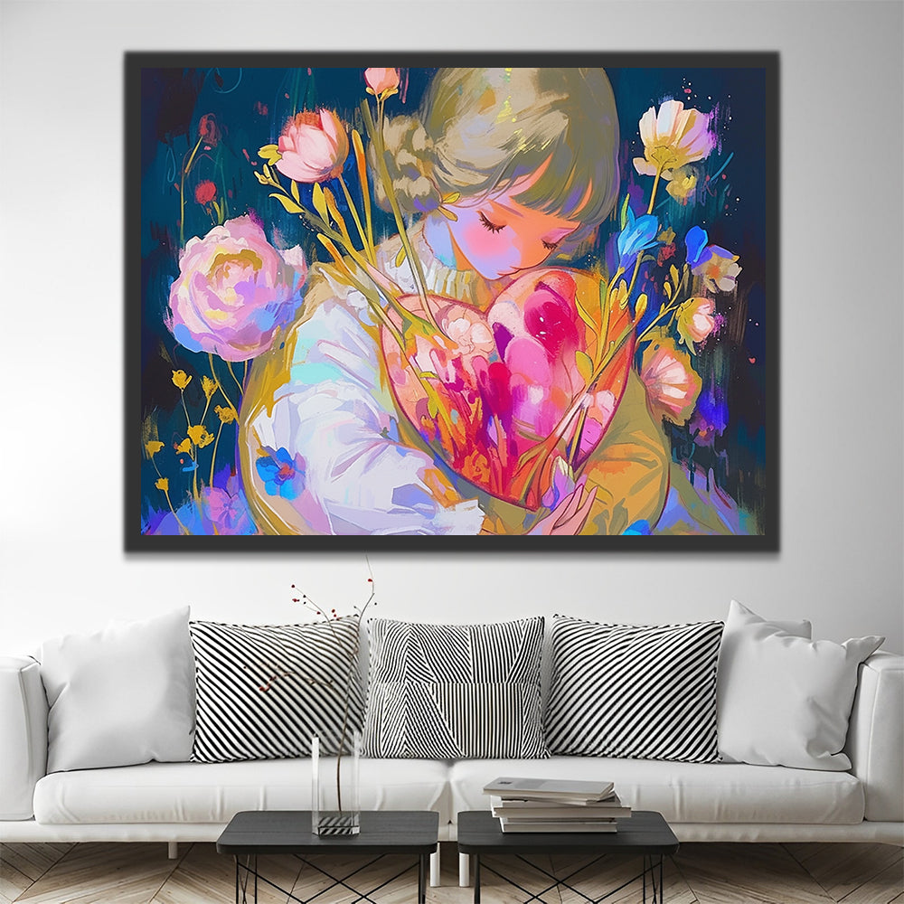 Chica Bonita Abrazando un Corazón de Flores Pintar por Números