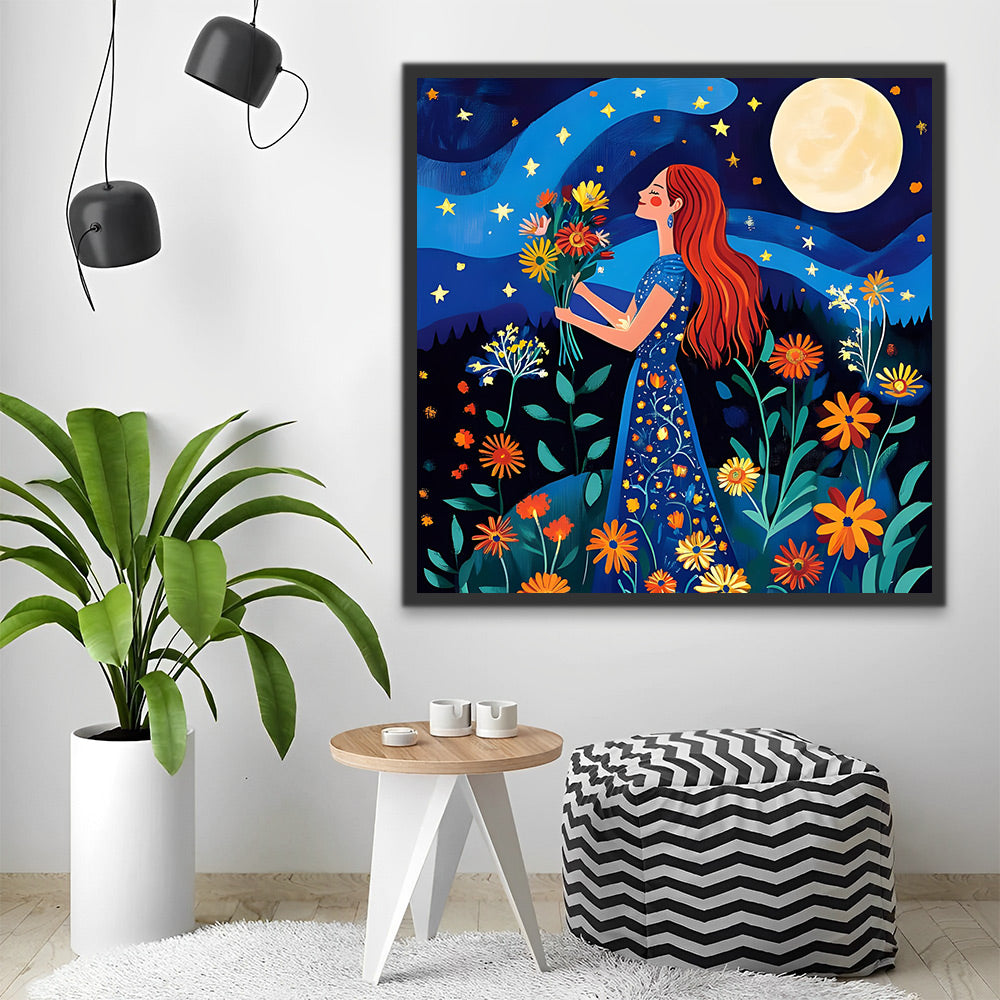 Chica de Pelo Rojo en las Flores en la Noche Pintar por Números