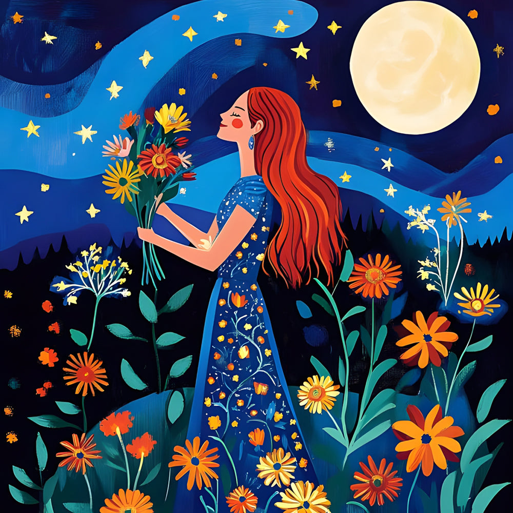 Chica de Pelo Rojo en las Flores en la Noche Pintar por Números