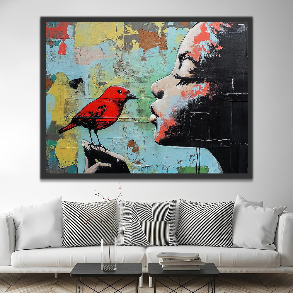 Chica Mirando un Pájaro Rojo sobre Su Mano Pintar por Números