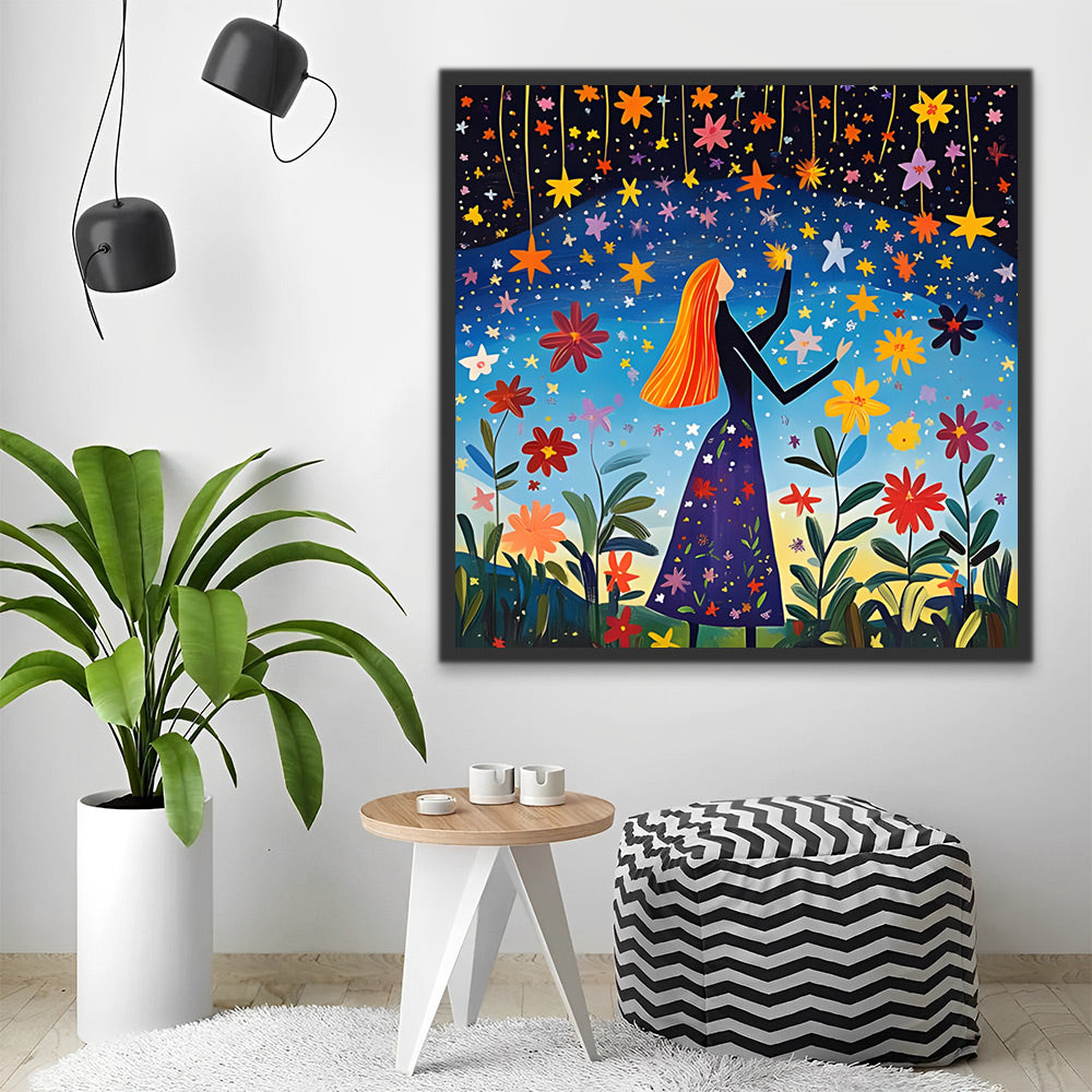Chica Rodeada de Flores en la Noche Estrellada Pintar por Números