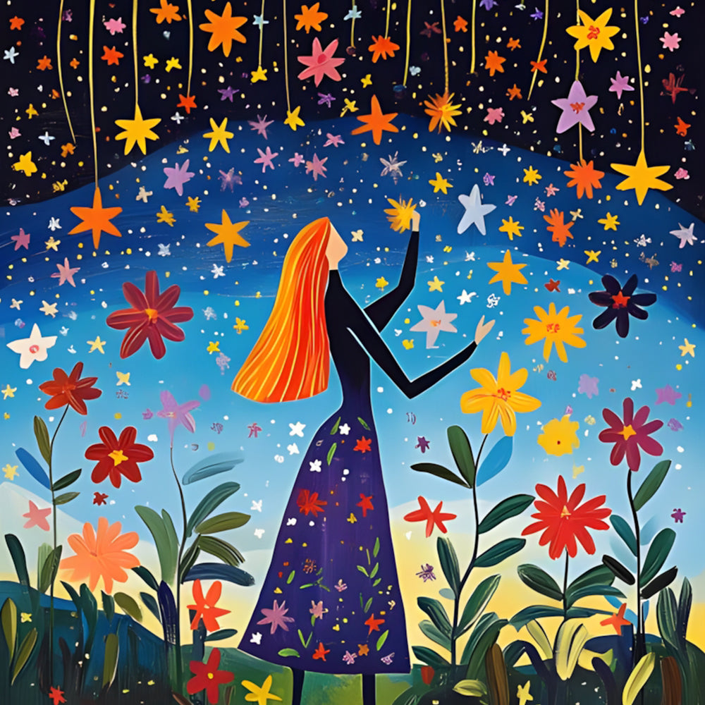 Chica Rodeada de Flores en la Noche Estrellada Pintar por Números