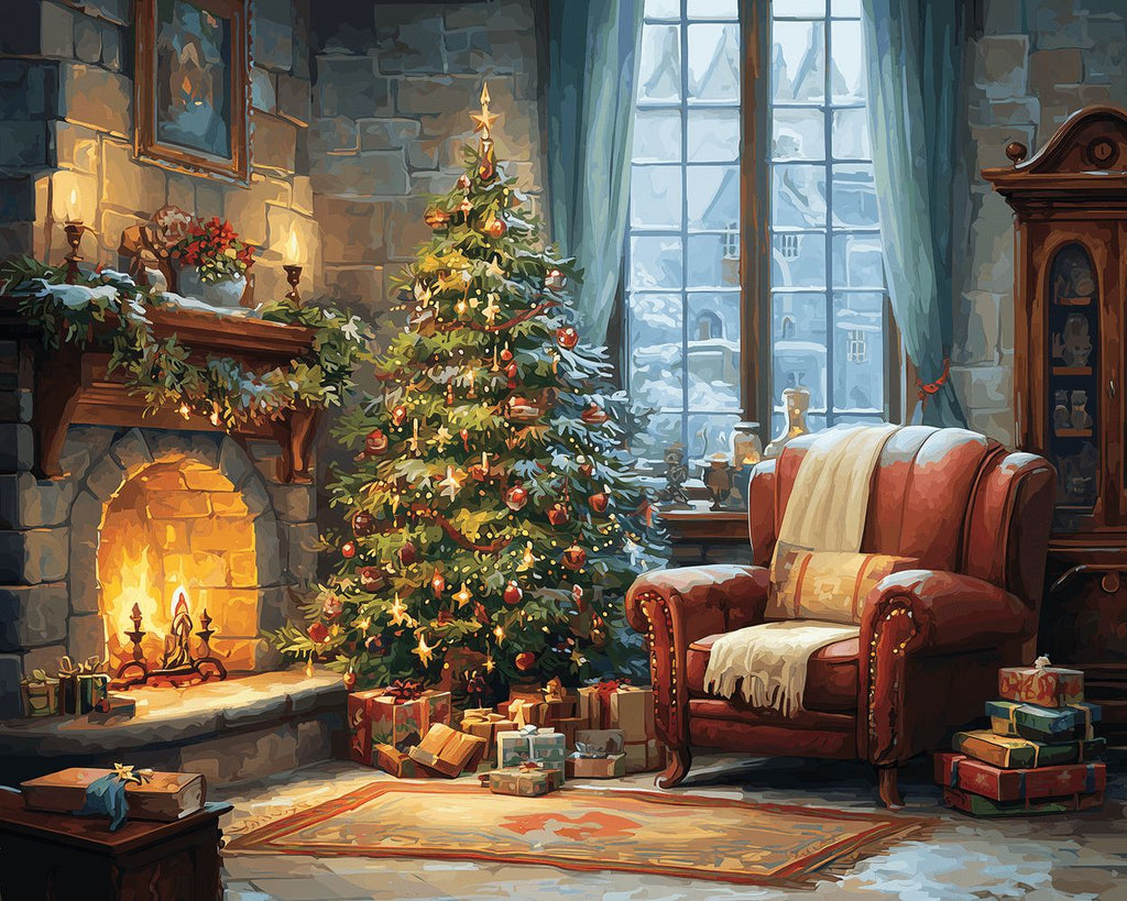 Chimenea Cálida y Árbol de Navidad Pintar por Números