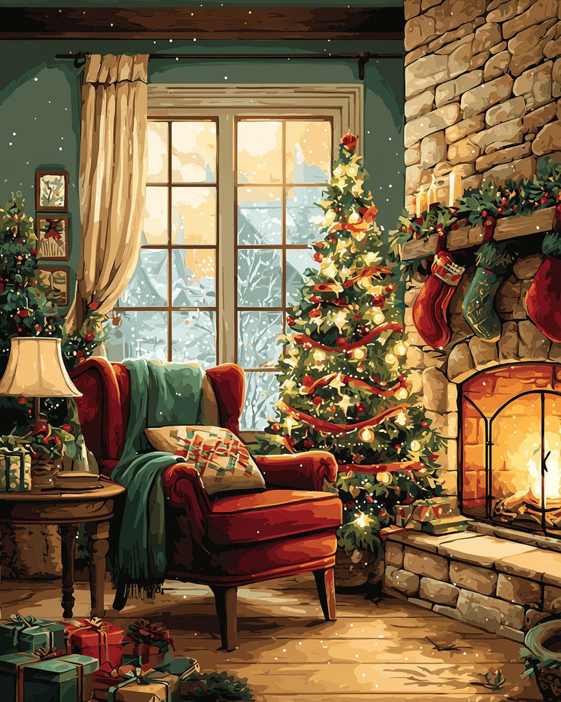 Chimenea junto al Árbol de Navidad Pintar por Números