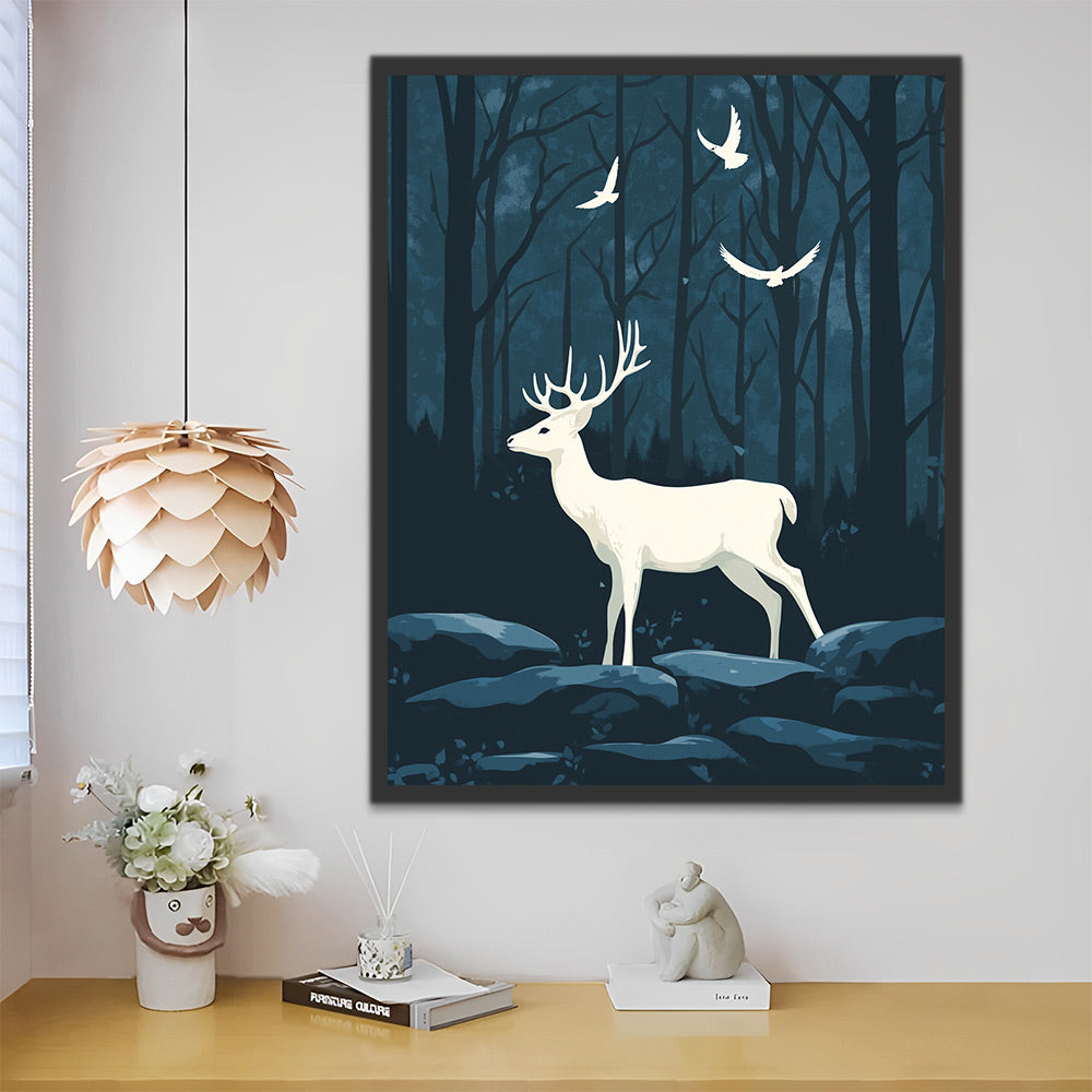 Ciervo y Pájaros Blancos en Bosque Oscuro Pintar por Números
