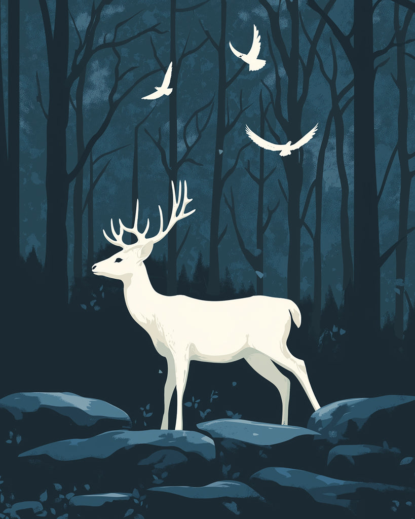 Ciervo y Pájaros Blancos en Bosque Oscuro Pintar por Números