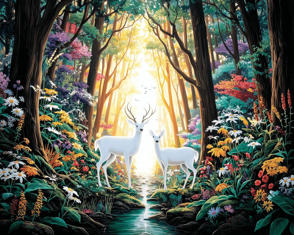 Ciervos Blancos en el Bosque de Flores Pintar por Números