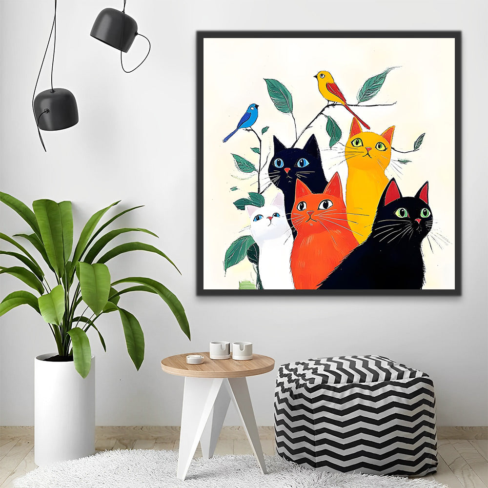 Cinco Gatos y Pájaros y Hojas Verdes Pintar por Números