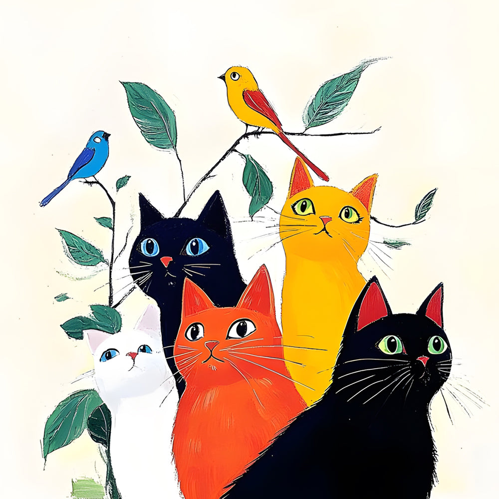 Cinco Gatos y Pájaros y Hojas Verdes Pintar por Números