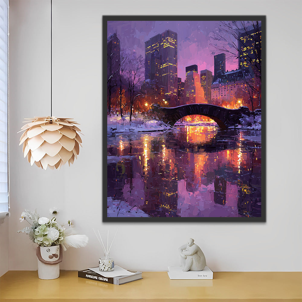 Ciudad con Nieve bajo el Cielo Nocturno Morado Pintar por Números