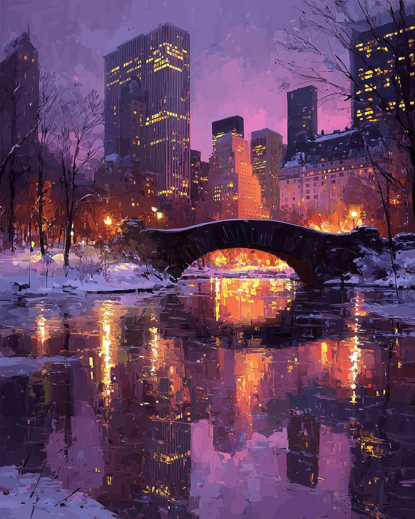 Ciudad con Nieve bajo el Cielo Nocturno Morado Pintar por Números