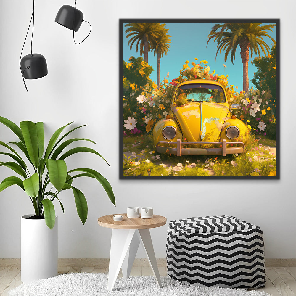 Coche Amarillo con Flores en Arbustos Pintar por Números