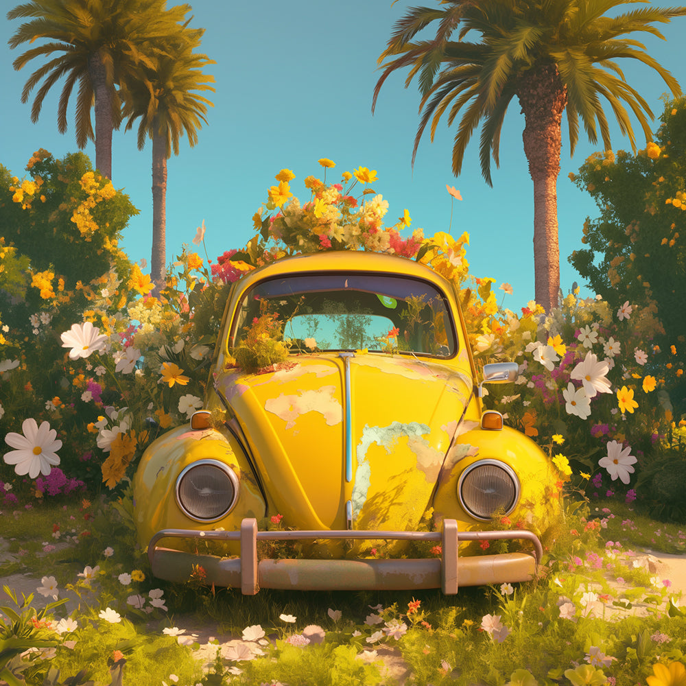 Coche Amarillo con Flores en Arbustos Pintar por Números