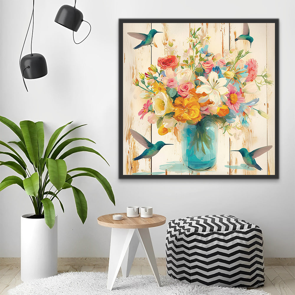 Colibríes Verdes y Flores con Fondo de Madera Pintar por Números
