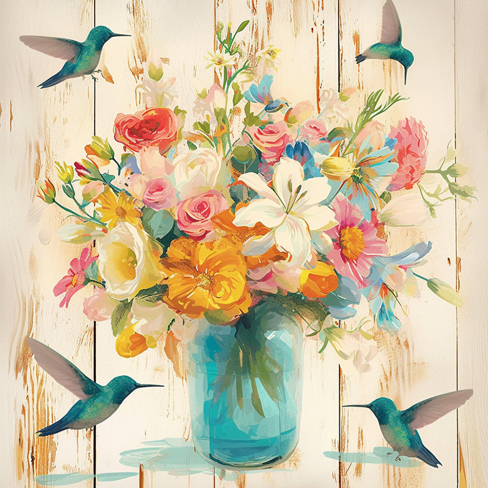 Colibríes Verdes y Flores con Fondo de Madera Pintar por Números