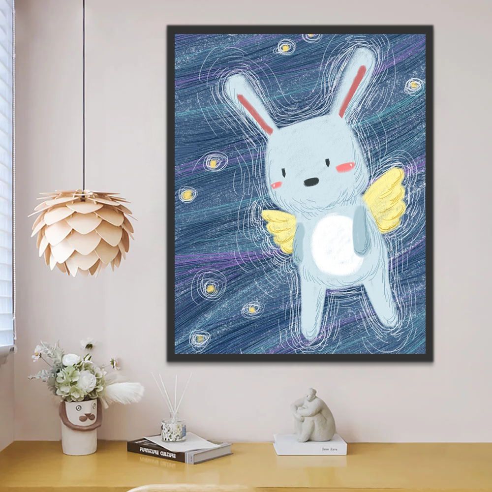 Conejo con Alas Volando en el Cielo Estrellado Pintar por Números Niños