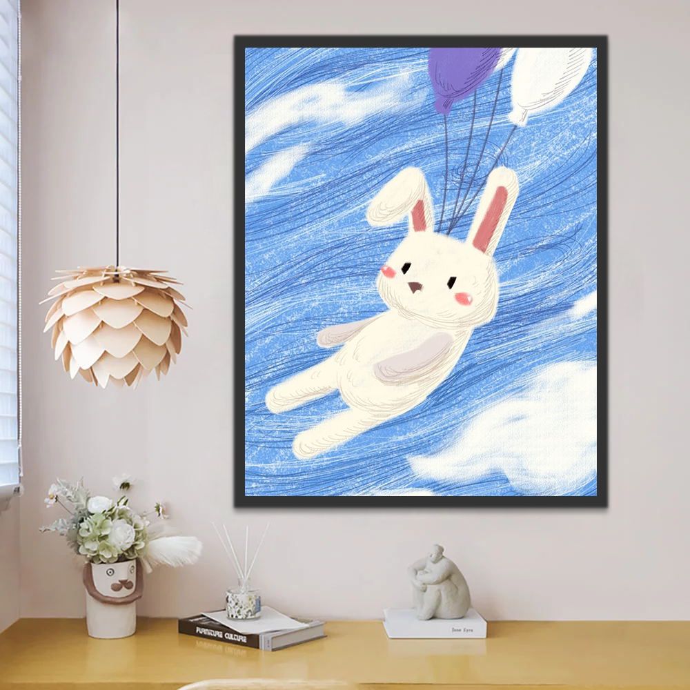 Conejo Volando con Globos en el Cielo Azul Pintar por Números Niños