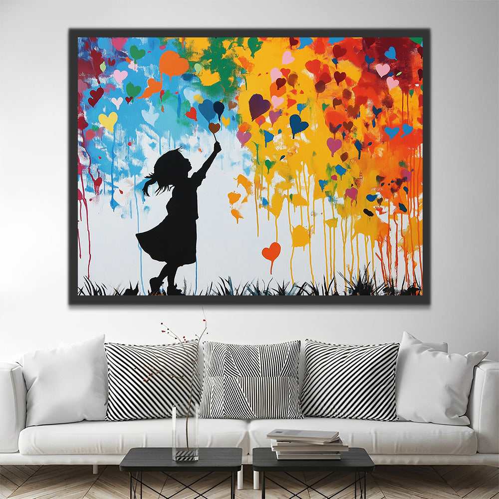 Corazones Coloridos y Silueta de Niña en la Pared Pintar por Números