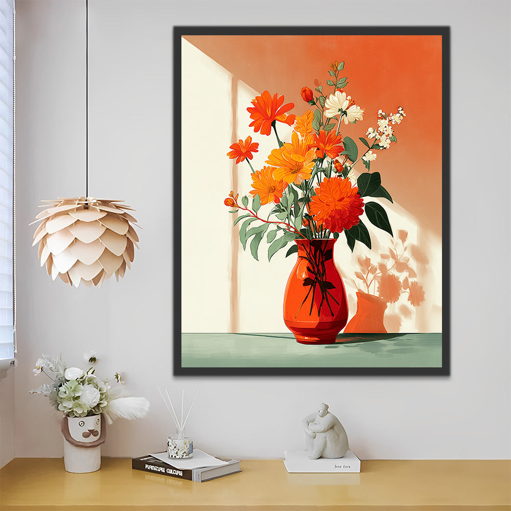 Crisantemos en Flor en Florero Naranja Pintar por Números