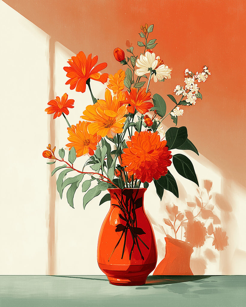 Crisantemos en Flor en Florero Naranja Pintar por Números