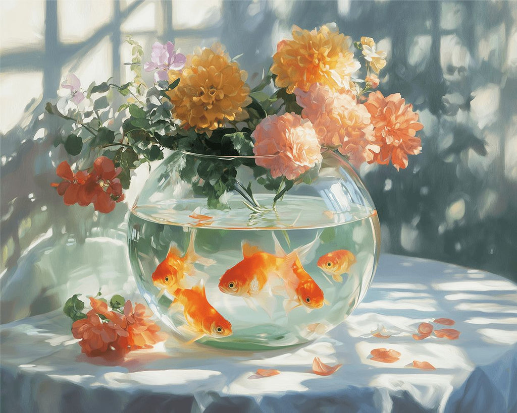 Crisantemos sobre Acuario de Vidrio Pintar por Números