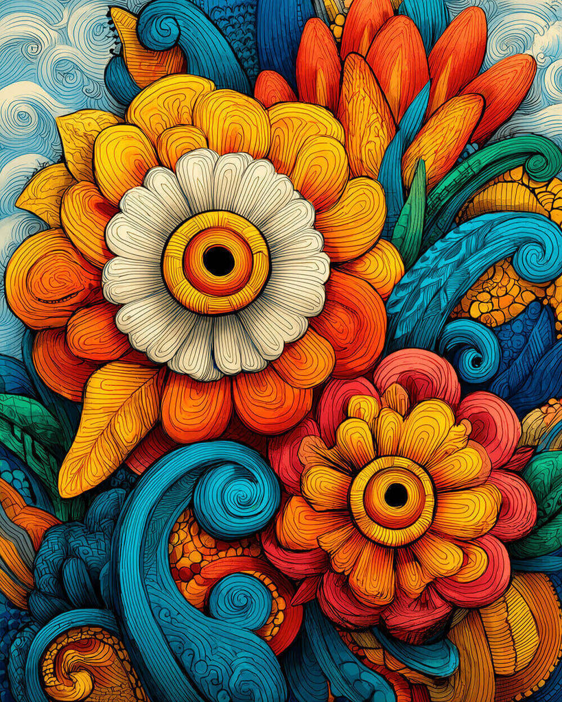 Crisantemos y Hojas Coloridos Abstractos Pintar por Números