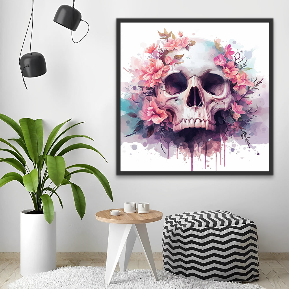 Dibujo de Acuarela de Cráneo con Flores Rosadas Pintar por Números