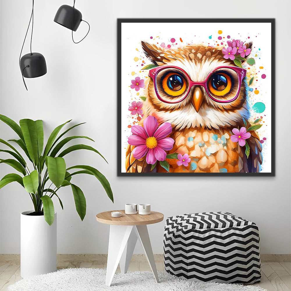 Dibujo de Búho Lindo con Flores y Gafas Pintar por Números
