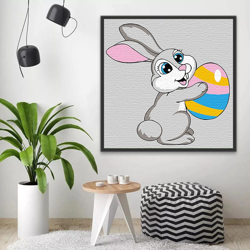 Dibujo de Conejo y Huevo de Pascua en el Fondo Gris Pintar por Números Niños