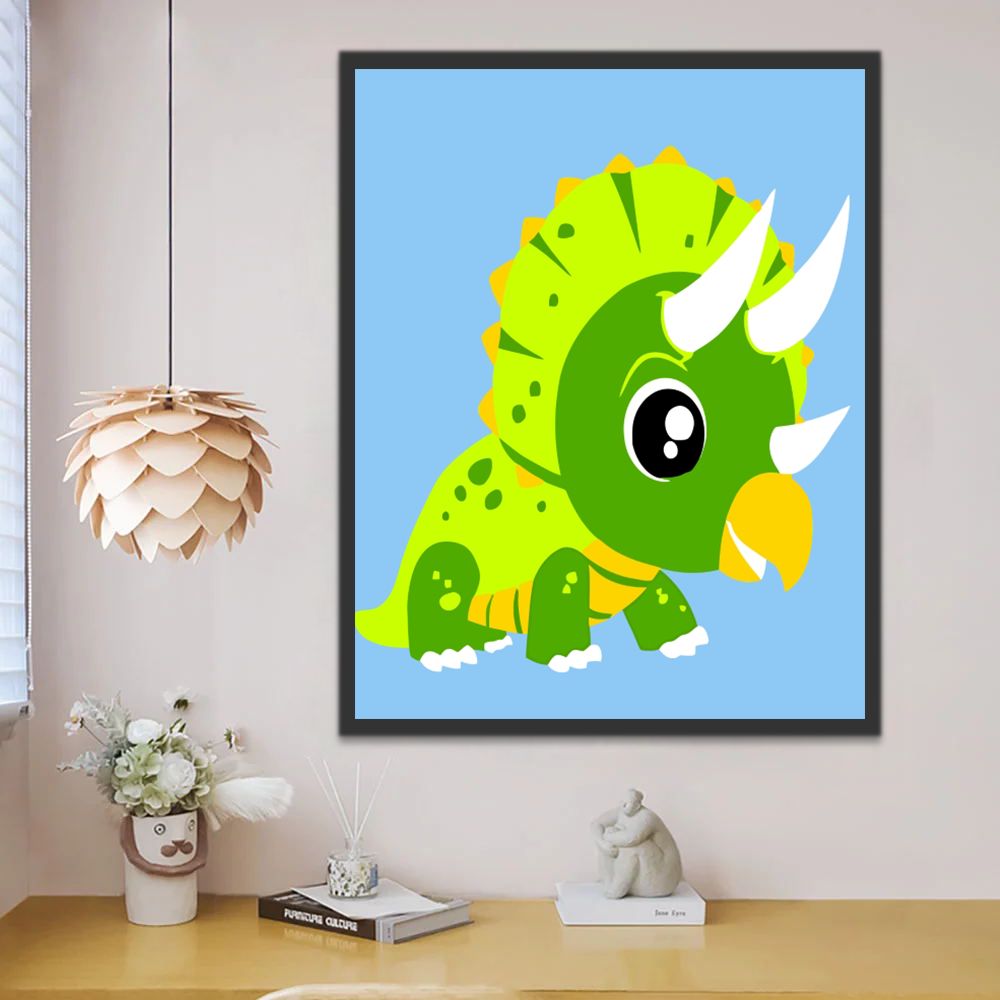 Dibujo de Dinosaurio Verde Adorable con Cuernos Pintar por Números Niños