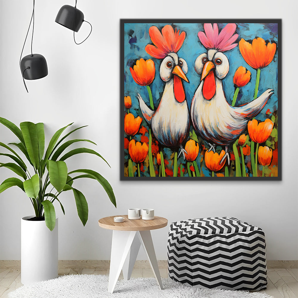 Dibujo de Dos Gallinas en Campo de Tulipanes Pintar por Números