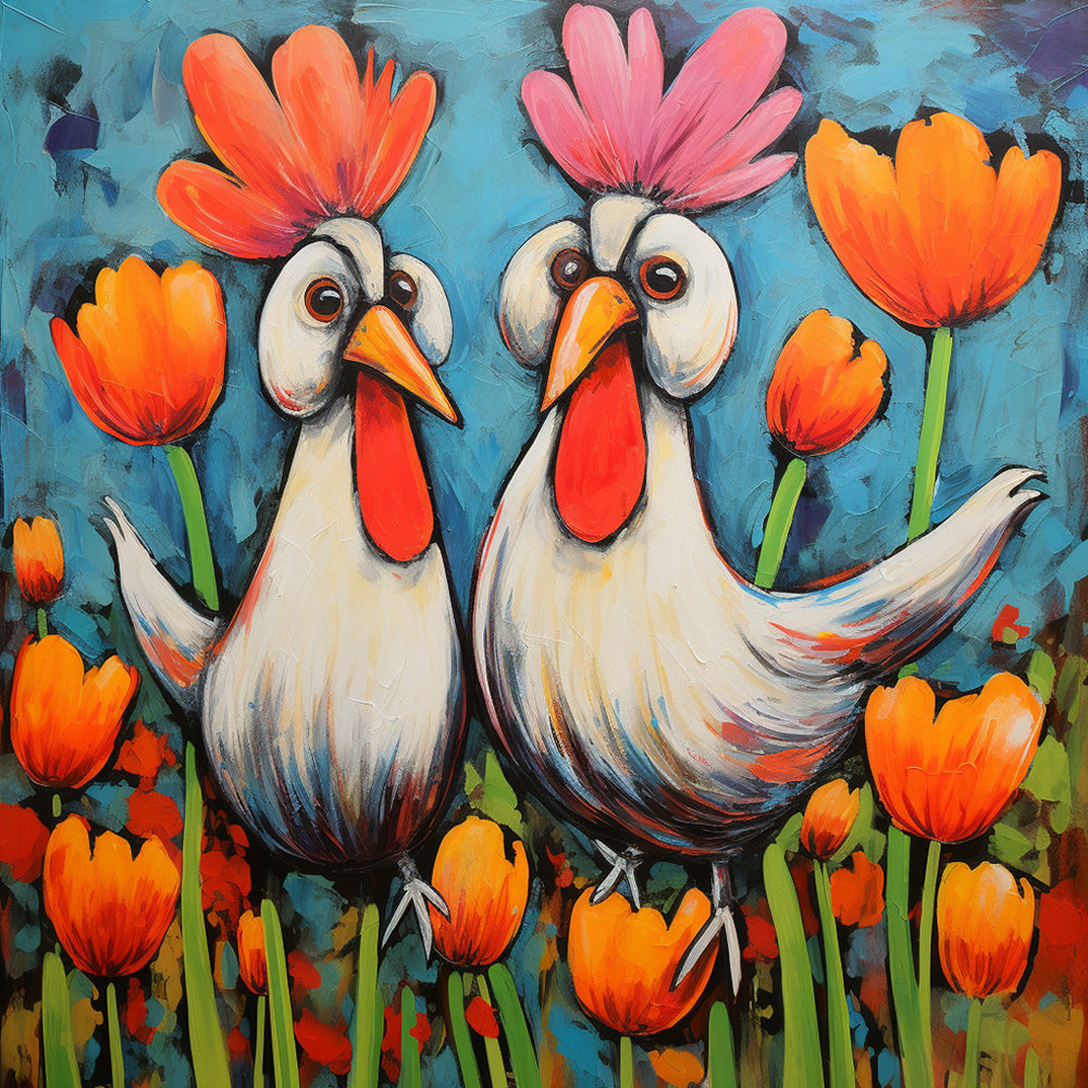 Dibujo de Dos Gallinas en Campo de Tulipanes Pintar por Números