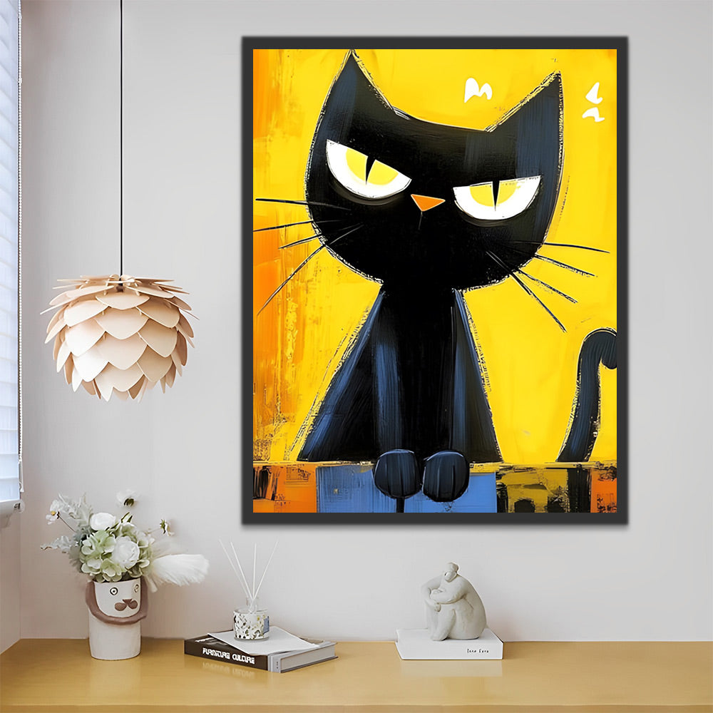 Dibujo de Gato Negro con Fondo Amarillo Pintar por Números