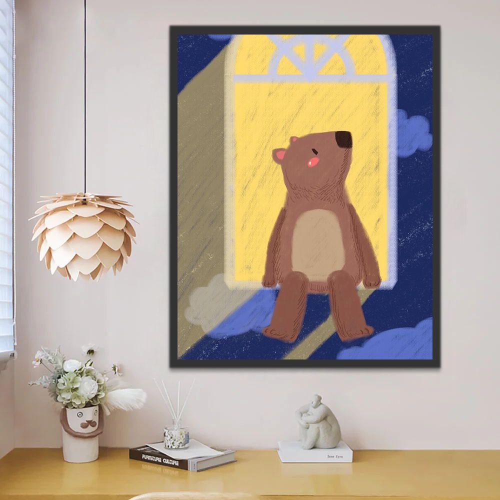 Dibujo de Oso Sentado sobre Ventana Mirando el Cielo Pintar por Números 